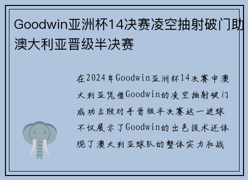 Goodwin亚洲杯14决赛凌空抽射破门助澳大利亚晋级半决赛