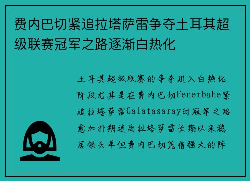 费内巴切紧追拉塔萨雷争夺土耳其超级联赛冠军之路逐渐白热化 费内巴切紧追拉塔萨雷争夺土耳其超级联赛冠军之路逐渐白热化