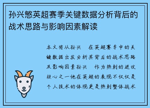 孙兴慜英超赛季关键数据分析背后的战术思路与影响因素解读